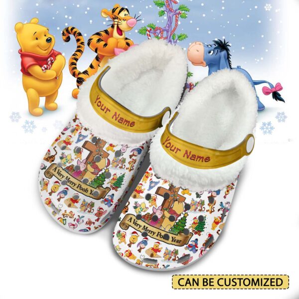Footwearmerch Winnie the Pooh x Christmas Crocs Crocband Fleece Lined Clogs Shoes Comfortable For Men Women and Kids In Winter